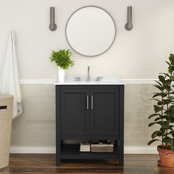 Flash Furniture Vega 30 Inch Vanity w/Sink Combo, Storage Cabinet w/Soft Close Doors and Open Shelf, Black FS-VEGA30-BK-GG - main